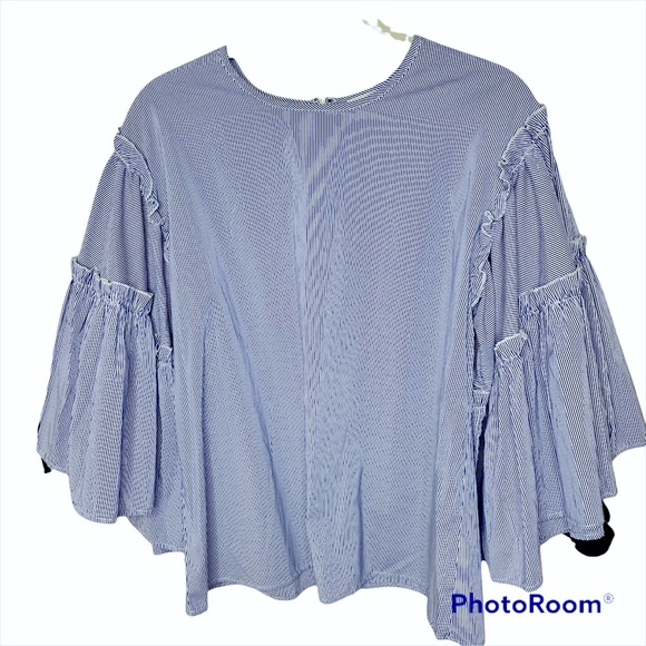 Anthropologie Tops - Anthropologie dRA Los Angeles Blue White Pinstripe Bell Sleeve Statement Top M